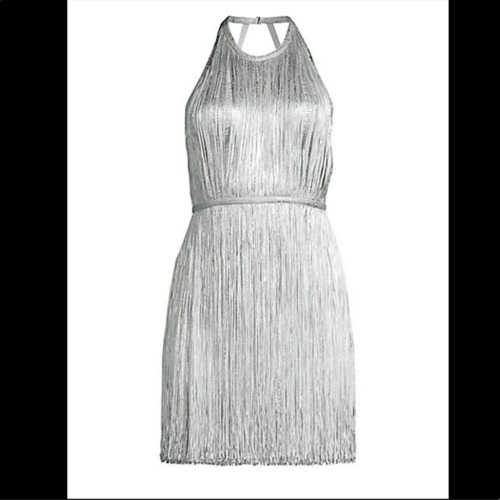 NWT Herve Leger silver fringe Bandage halter dress
